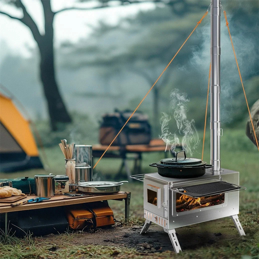 Portable Stainless Steel Camping Wood Stove with Chimney Pipes for Outdoor Cooking and Camping Use