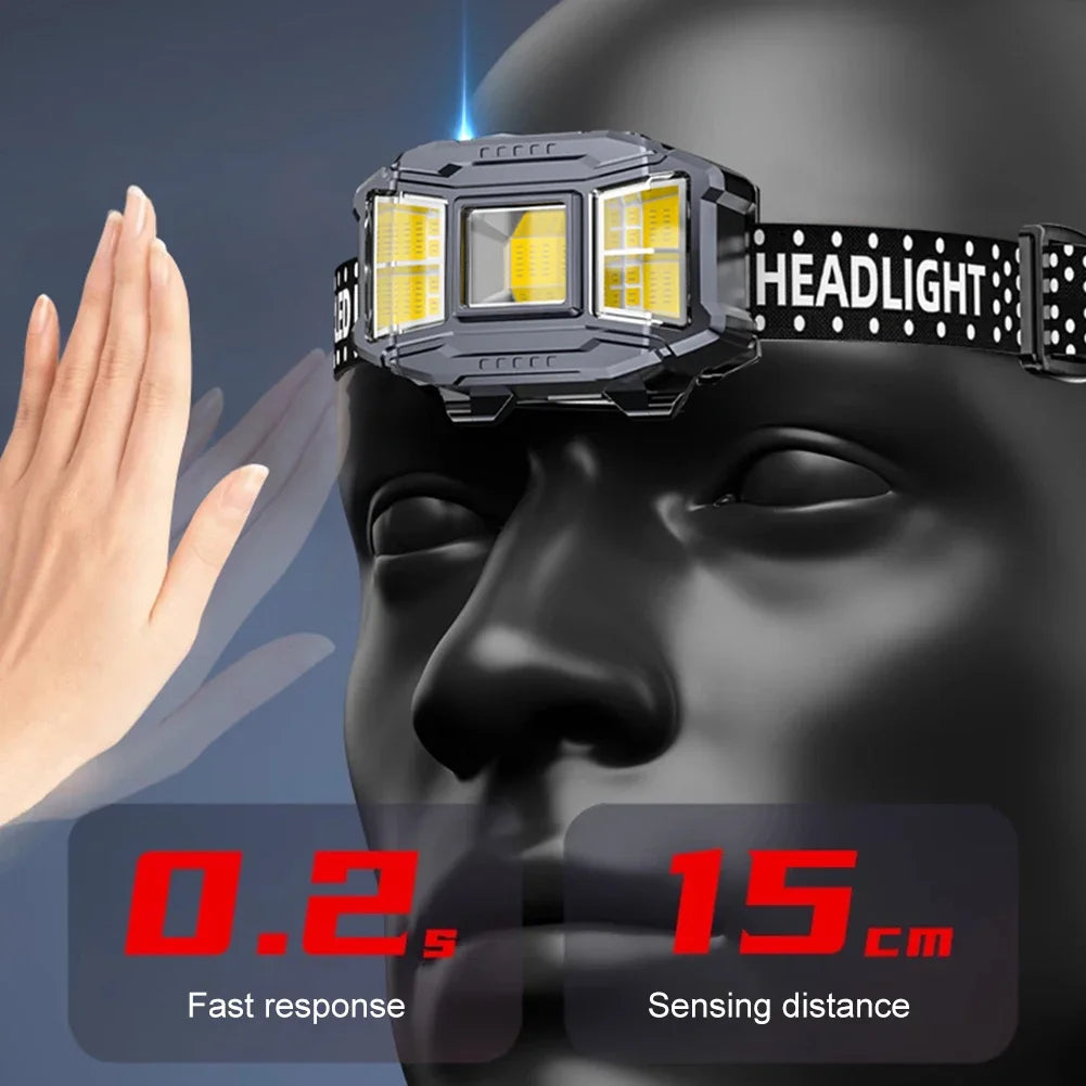 Lightweight COB LED Headlamp Rechargeable Head Torch with Power Display for Camping Fishing