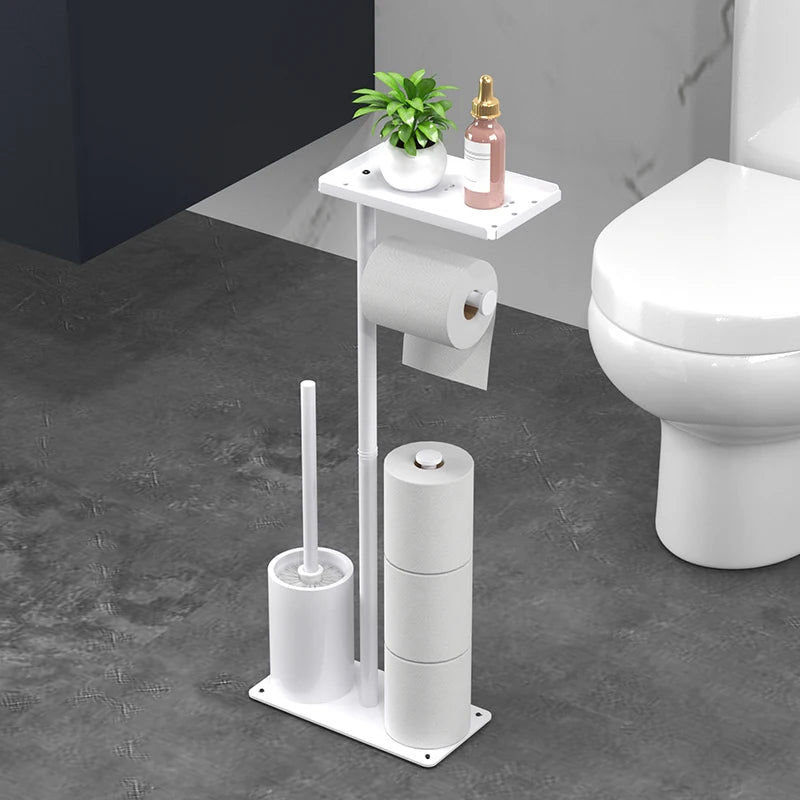 Floor Standing Toilet Paper Holder with Toilet Brush Holder and Storage Shelf Waterproof Metal Bathroom Organizer