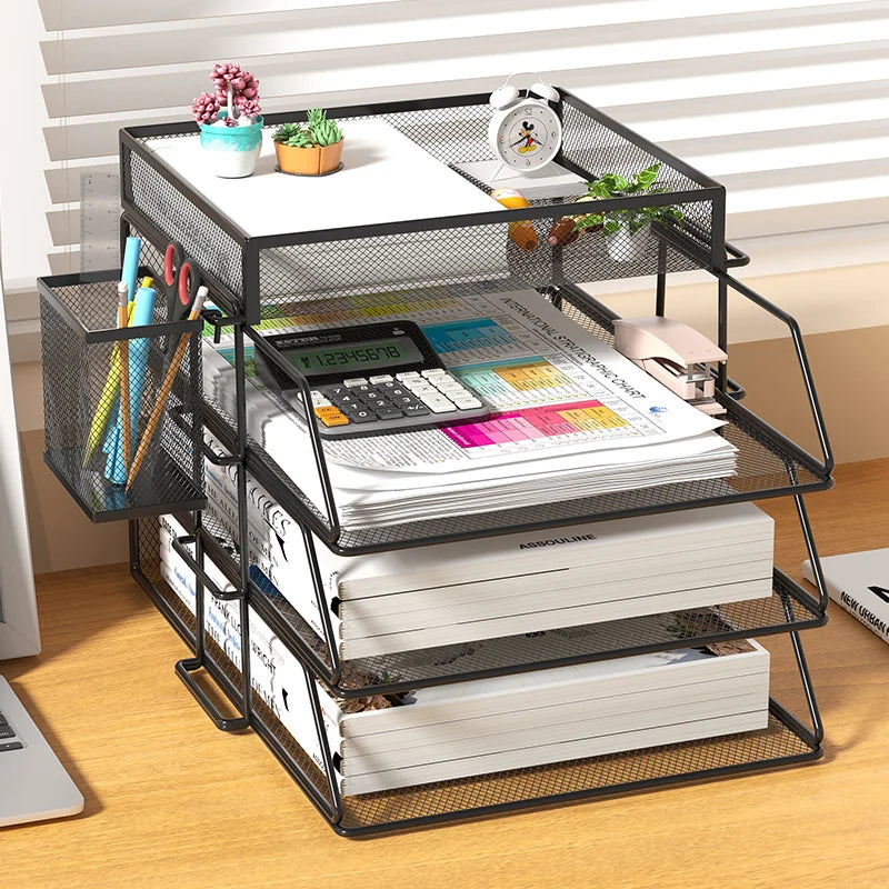 Metal Mesh Desktop Document Organizer with 3 Tier Letter Trays and Pen Holder for A4 Files