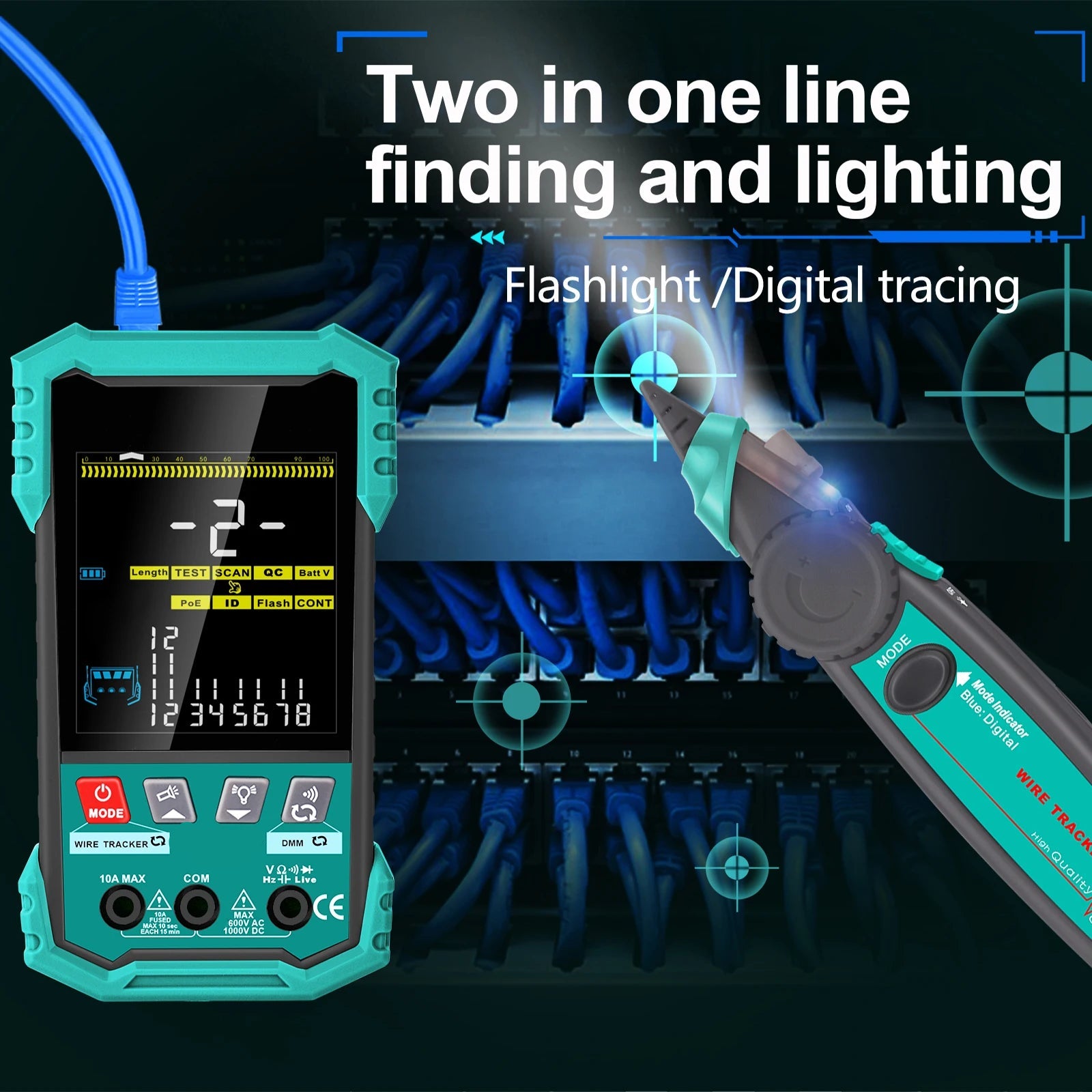 Network Cable Tester and Wire Tracker with Color Display POE Detection Breakpoint Testing and 7 ID Modules