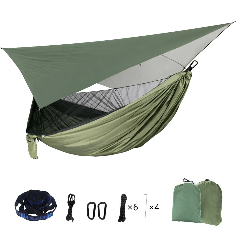 Portable Camping Hammock Set with Mosquito Net, Rain Fly Tarp and Straps for Hiking and Outdoor Camping
