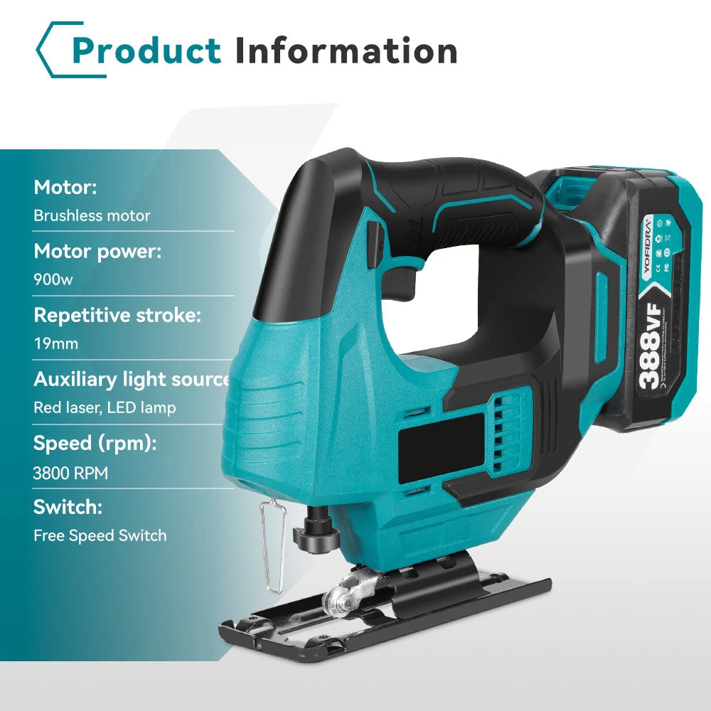 Cordless Brushless Jig Saw 900W Variable Speed Wood Cutting Tool with Laser Guide and LED Light