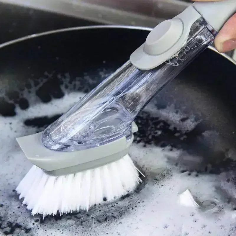 Multi-Function Dish Cleaning Brush with Soap Dispenser Scraper and 2 Sponge Heads