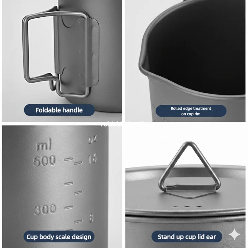 Lightweight Titanium Camping Cooking Set 750ml Pot 420ml Mug with Folding Spoon and Storage Bag