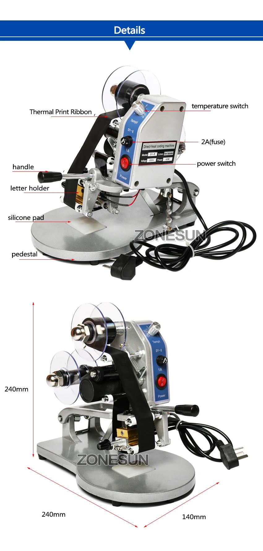 Manual Date Code Printer 100W Thermal Ribbon Batch Expiry Coding Machine with A-Z and 0-9 Characters