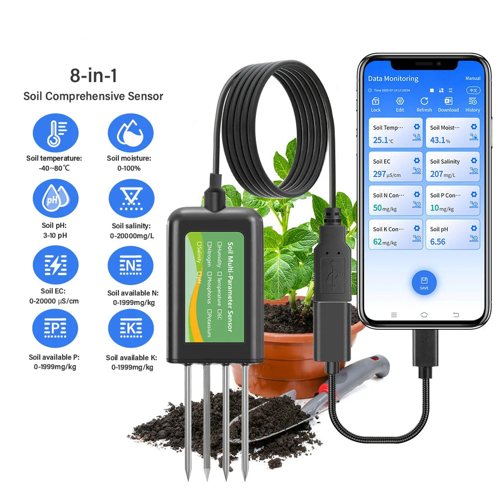 Portable 8-in-1 Soil Tester with USB Mobile Connection for pH EC Moisture NPK and Temperature Monitoring