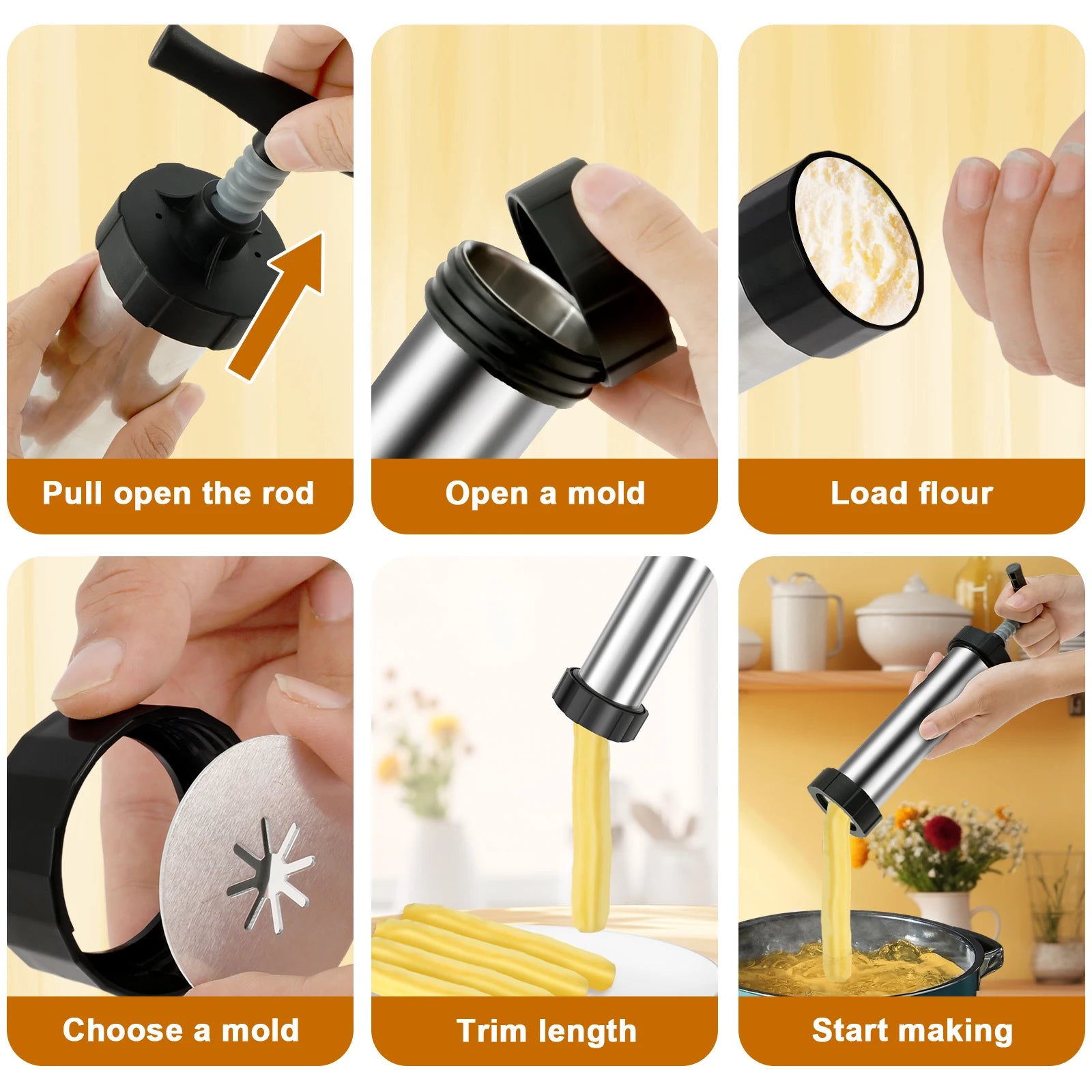 Stainless Steel Churro Maker Kit with 3 Nozzles Reusable Piping Bag Filling Tools and Cleaning Brushes