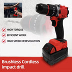 Heavy Duty Cordless Brushless Electric Impact Drill with LED Light Rechargeable Power Tool for DIY Use