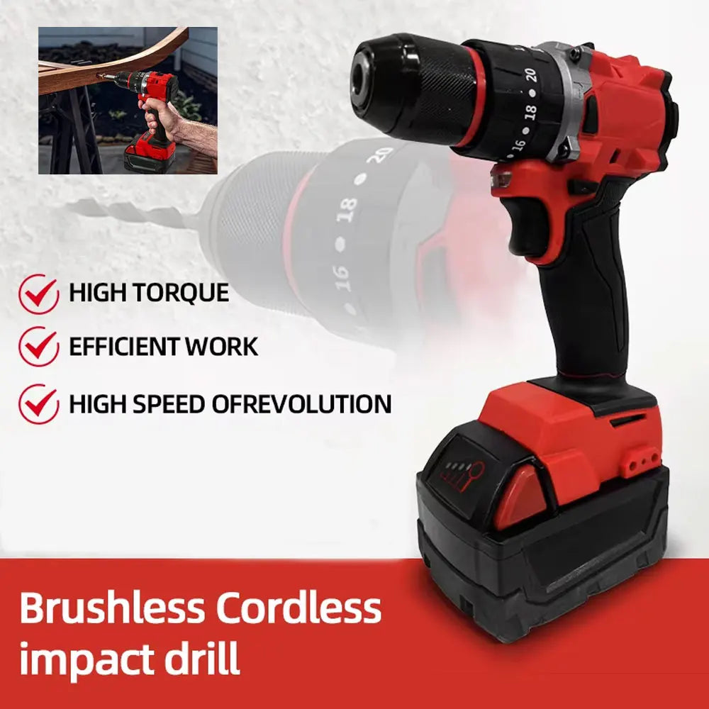 Heavy Duty Cordless Brushless Electric Impact Drill with LED Light Rechargeable Power Tool for DIY Use