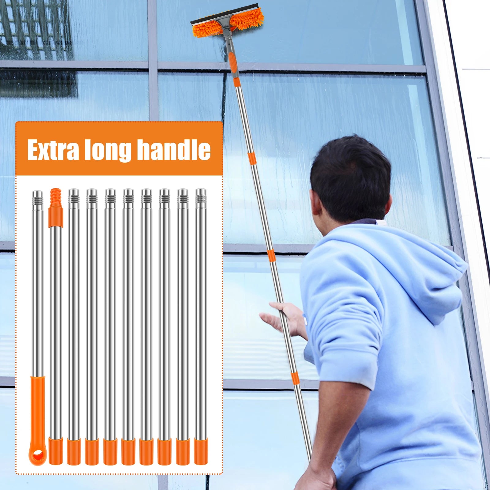 100-420cm Telescopic Window Cleaning Kit 2-in-1 Double Sided Squeegee & Duster Mop
