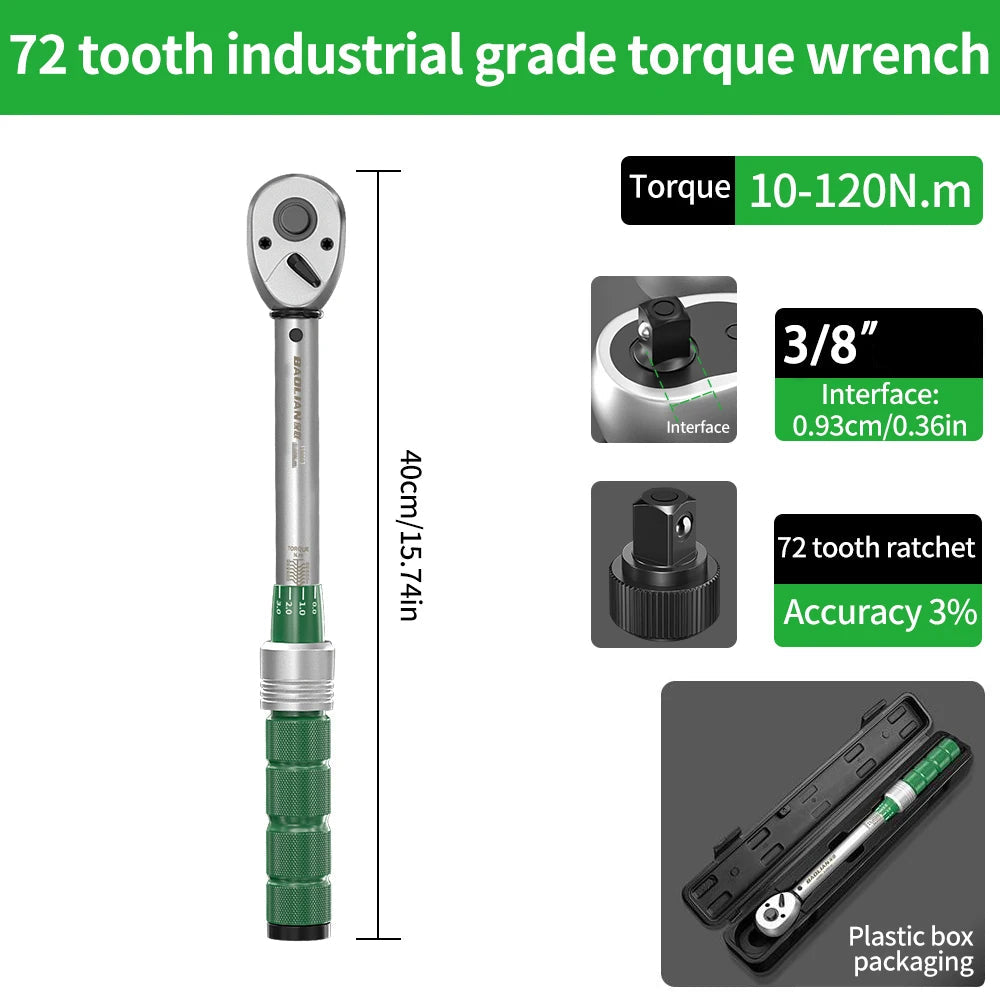 Torque Wrench 3/8 Inch Drive Adjustable 10-120Nm 72 Tooth Ratchet Precision Fastening Tool