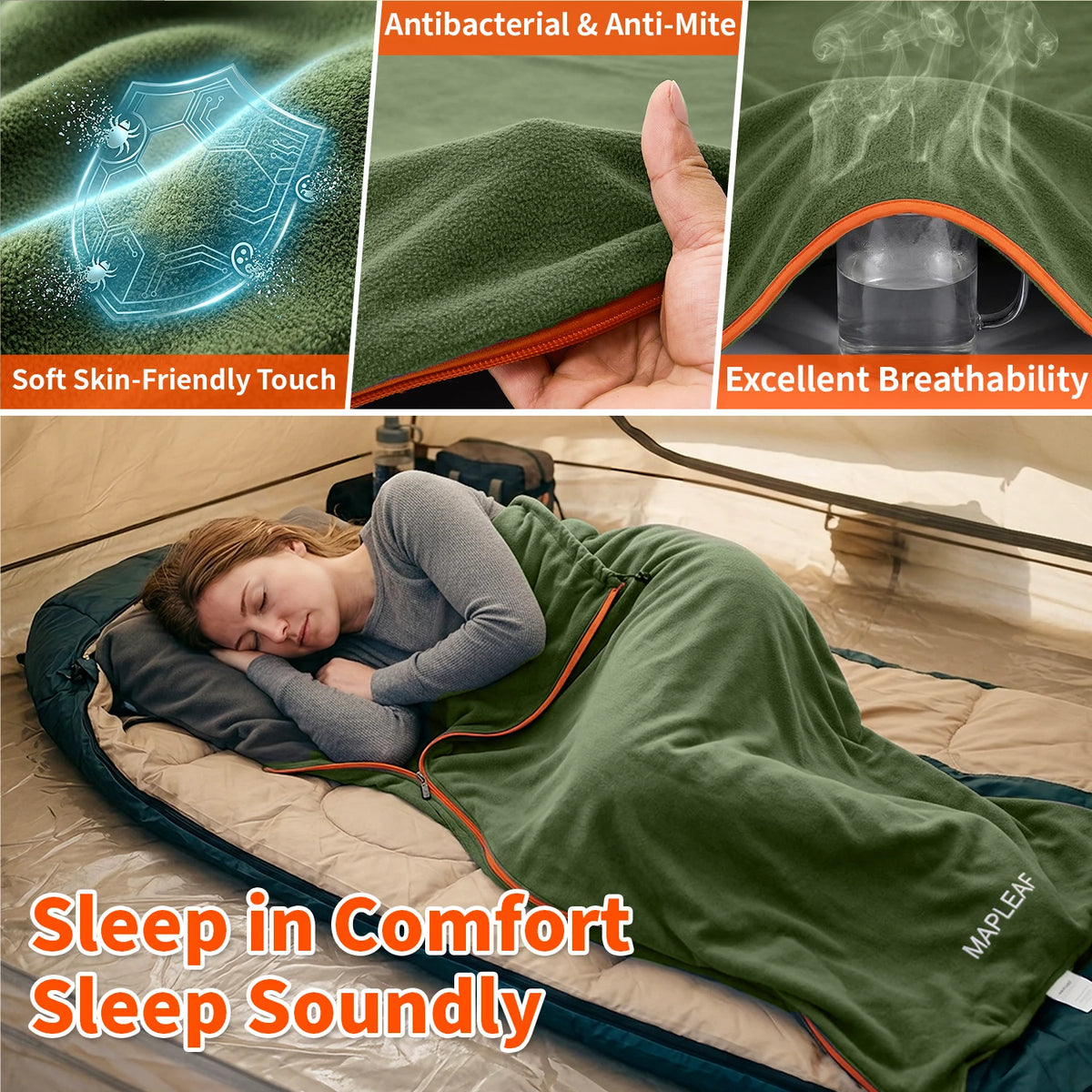 Fleece Camping Liner with Full Zipper Convertible Blanket Drawstring and Carry Bag