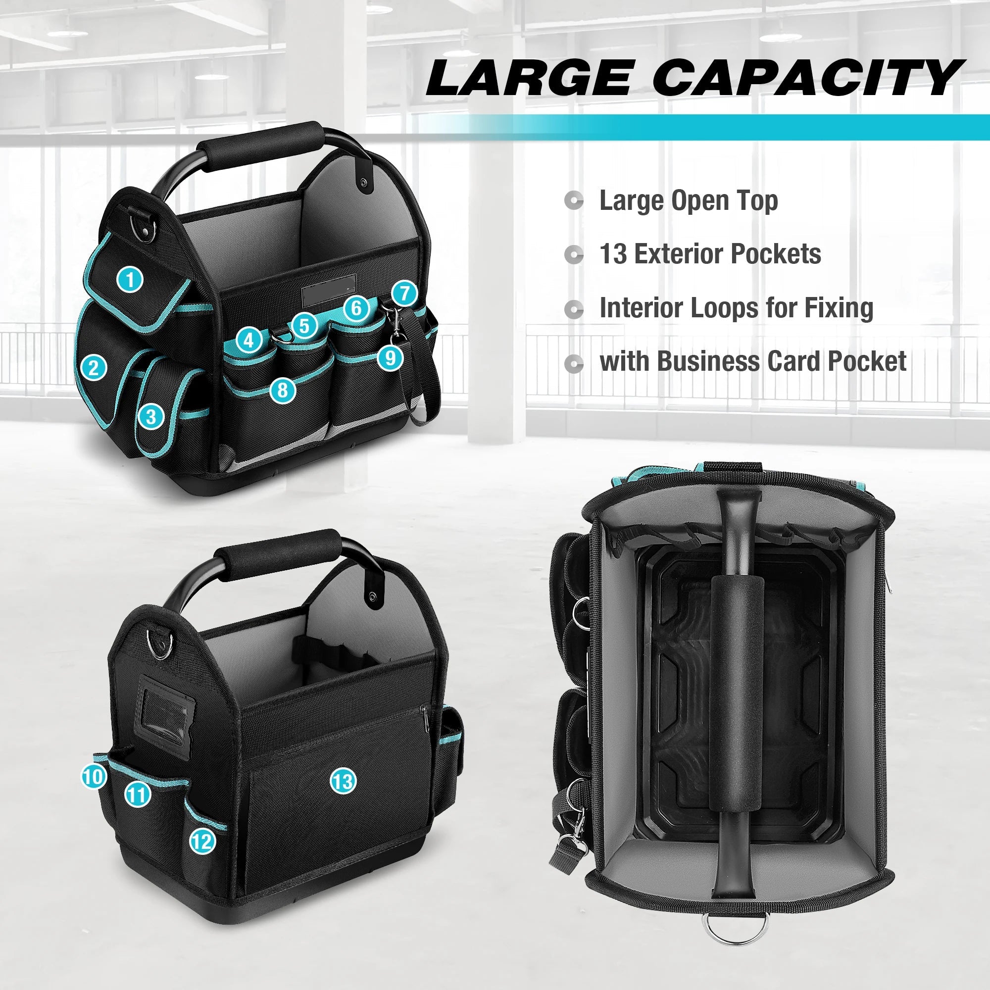 Portable 12 Inch Tool Tote Bag with Wide Mouth Opening and Multiple Storage Pockets