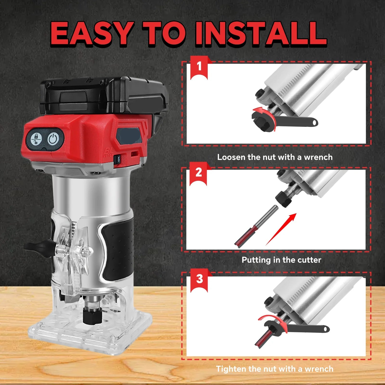 Cordless Wood Router 800W Brushless 30000RPM 5-Speed 18V Trimmer with 5 Router Bits
