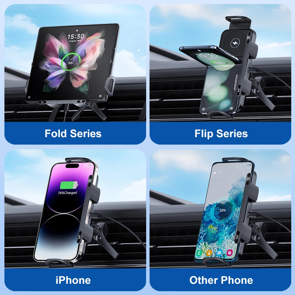 15W Wireless Car Charger with Dual Coil Fast Charging Phone Holder for Air Vent Mount