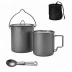 Lightweight Titanium Camping Cooking Set 750ml Pot 420ml Mug with Folding Spoon and Storage Bag