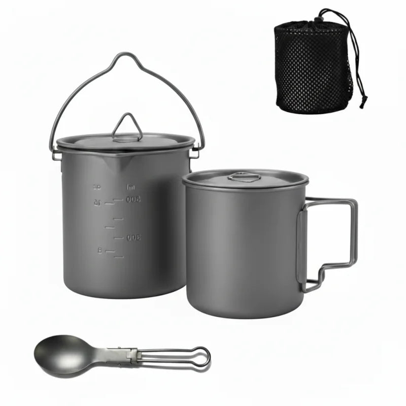 Lightweight Titanium Camping Cooking Set 750ml Pot 420ml Mug with Folding Spoon and Storage Bag