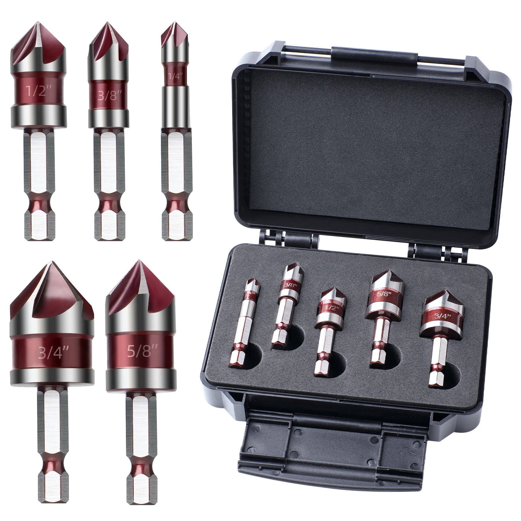 Countersink Drill Bit Set 5 Piece M35 Cobalt 82 Degree 5 Flute Hex Shank for Wood Metal Drilling