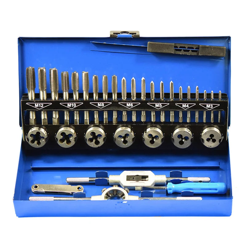 Tap and Die Set 32 Piece Metric Threading Tool Kit with Wrenches Pitch Gauge and Metal Case