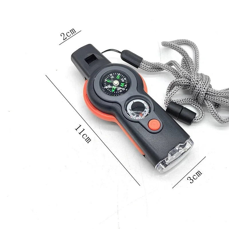 Portable 7-in-1 Outdoor Survival Tool with Compass, LED Flashlight, Whistle and Thermometer