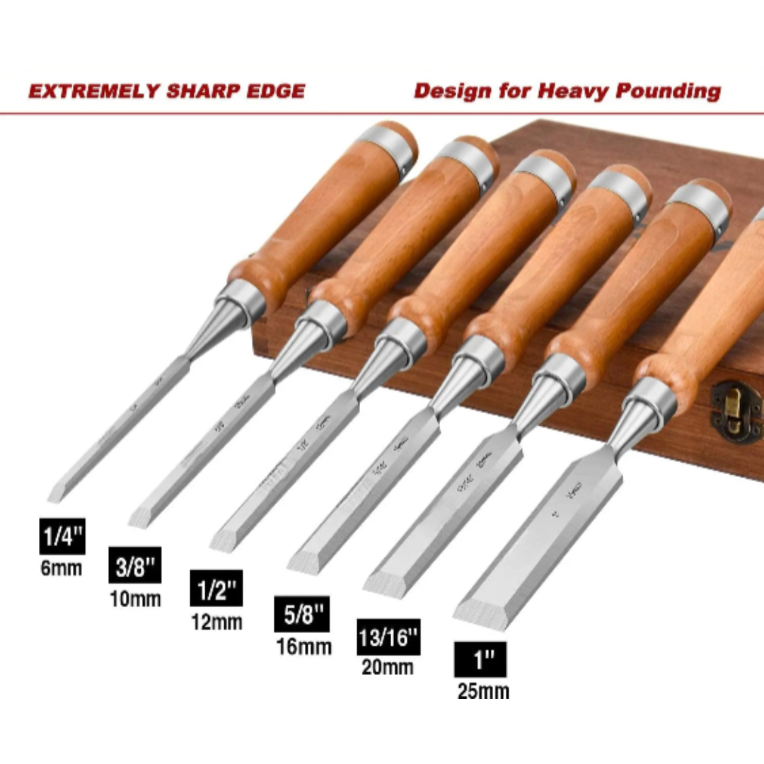 Heavy Duty 6pc Woodworking Chisel Set with Wooden Handles and Storage Case for Carving and Joinery