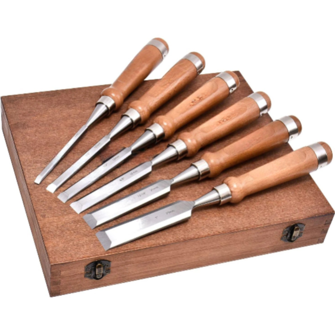 Heavy Duty 6pc Woodworking Chisel Set with Wooden Handles and Storage Case for Carving and Joinery