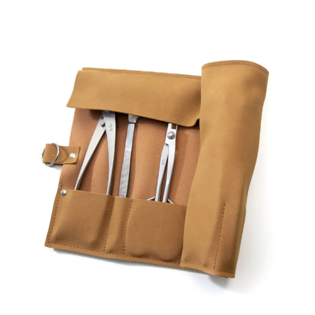 Professional 7-Piece Bonsai Tool Set with Eco-Leather Roll, 21cm Scissors & Tweezers