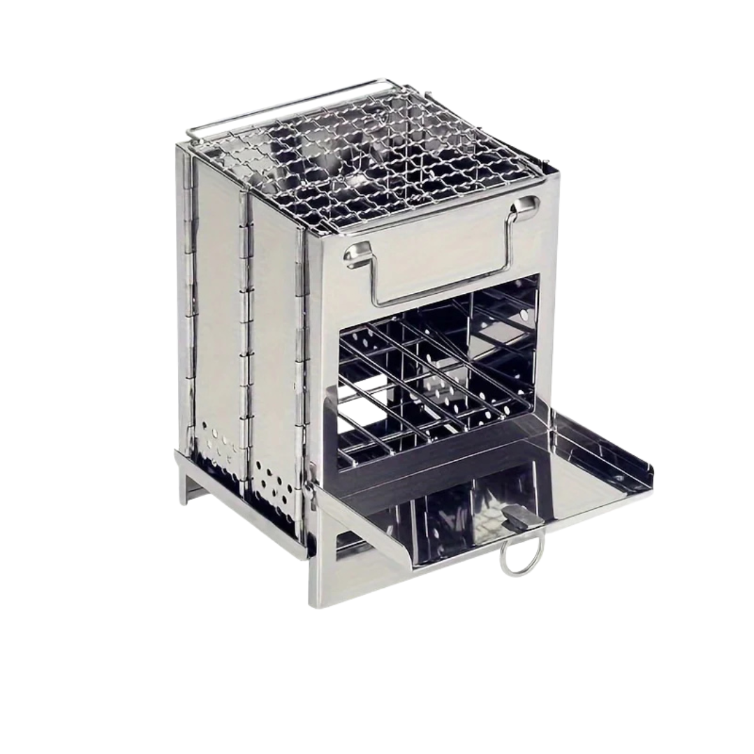 Portable Stainless Steel Camping Stove with Charcoal Grill Foldable Outdoor Cooking Stove