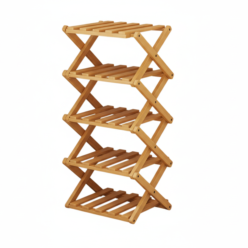Foldable Bamboo Shoe Rack 5 Tier Space Saving Shoe Storage Organizer