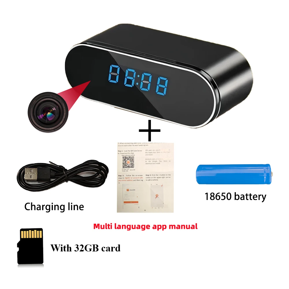 Mini Clock Camera 1080P WiFi 120 Degree Night Vision Motion Detection with 32GB Card