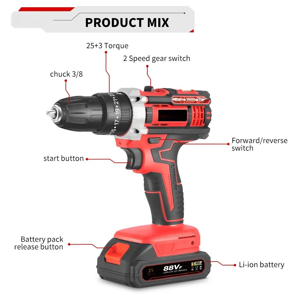 500W Cordless Hammer Impact Drill Kit with 2 Batteries and 24-Piece Accessory Set