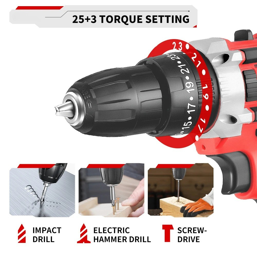 500W Cordless Hammer Impact Drill Kit with 2 Batteries and 24-Piece Accessory Set