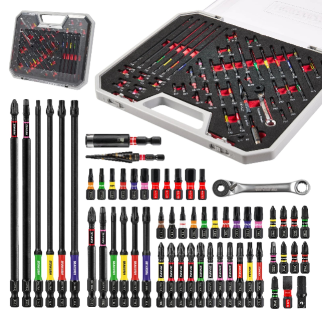 58-Piece Heavy Duty Screwdriver Bit Set with Step Drill, Mini Ratchet Wrench and Bit Holder Case