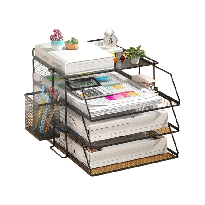 Metal Mesh Desktop Document Organizer with 3 Tier Letter Trays and Pen Holder for A4 Files